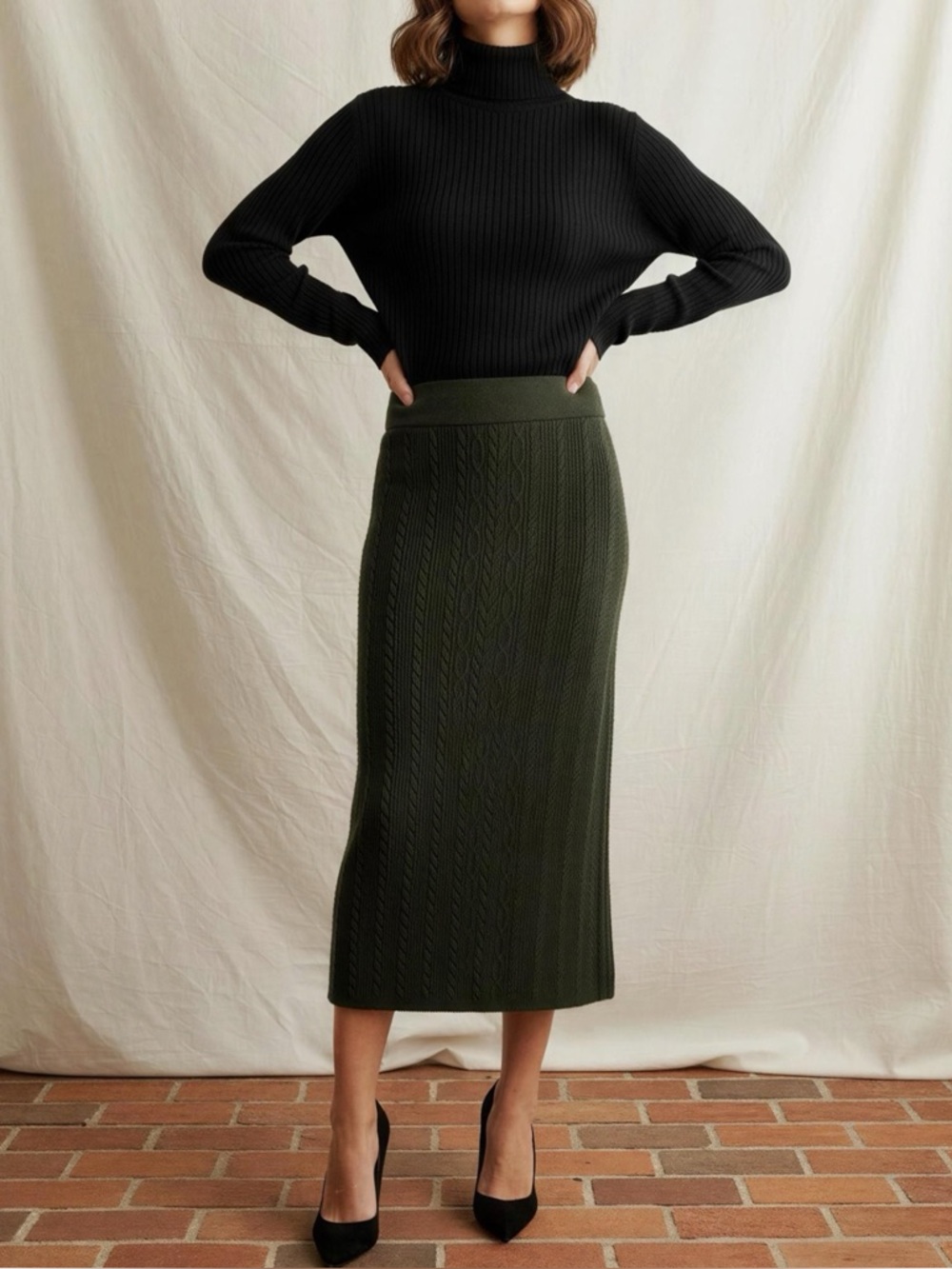 SÉZANE Marilou Merino Wool/Cotton Cable Knit Midi Skirt, Khaki, Large - Picture 1 of 13